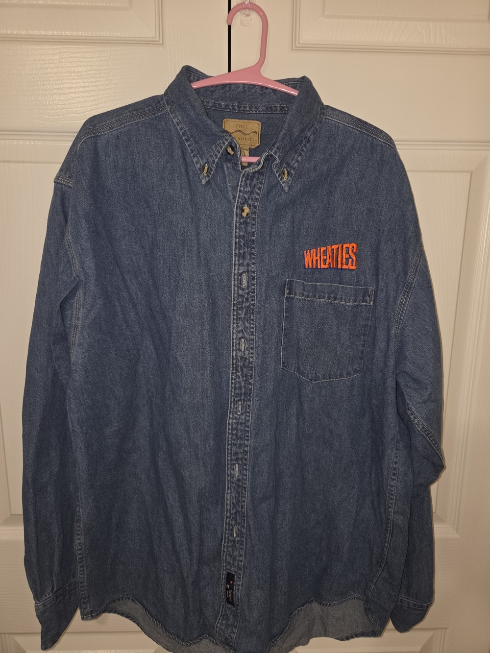 Source Unknown Denim Button-Down Shirt with Orange Wheaties Logo